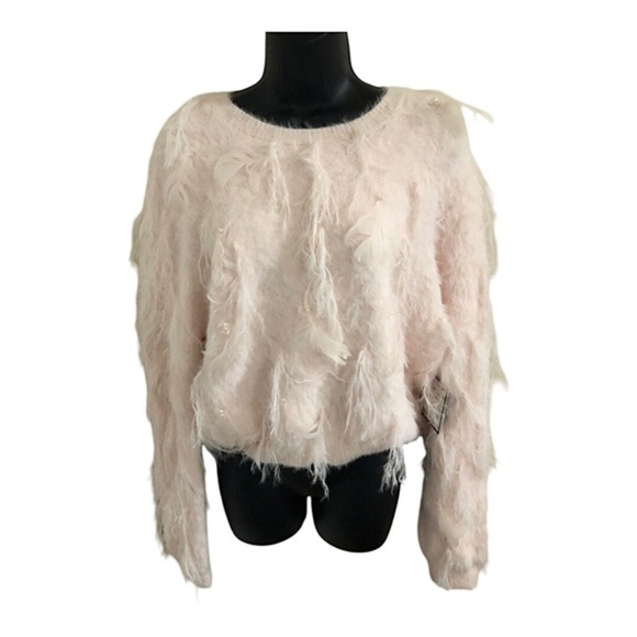 Baby pink shaggy fuzzy pearl studded sweater size XL‎ new - Picture 1 of 16